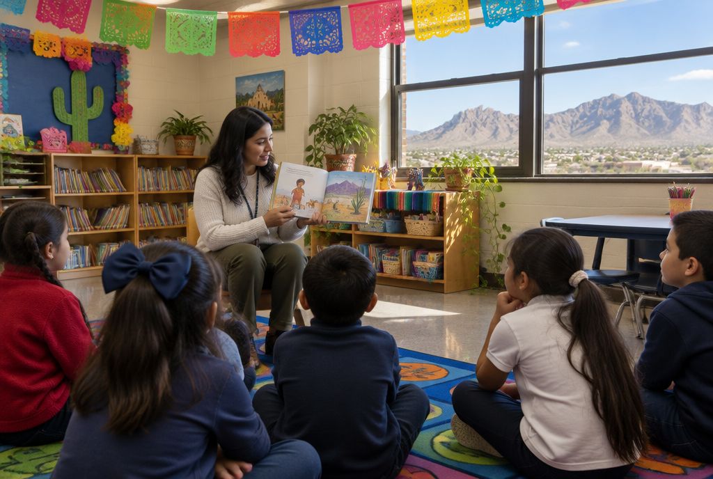 A bilingual elementary class sitting on a rug under papel picado in an El Paso school