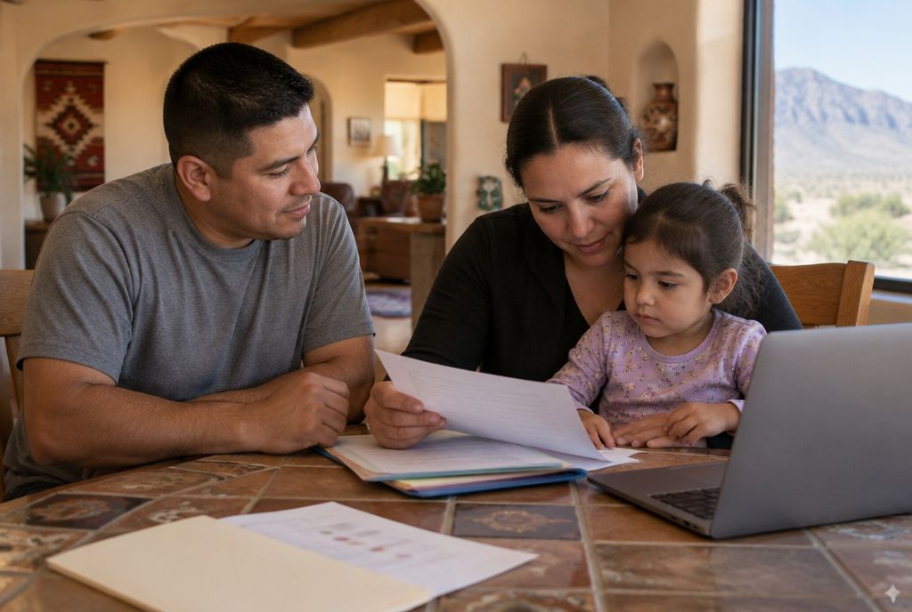 An El Paso couple at a tiled kitchen table going over preschool paperwork, their daughter on her mother's lap